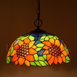 Sunflower Pattern 16 inch Classic Handmade Stained Glass Pendant Light Living Room Bedroom Study Room Bar Coffee 3 Light