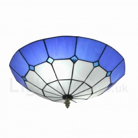 Diameter 40cm (16 inch) Handmade Rustic Retro Stained Glass Flush Mounts Mesh Pattern Blue Edge Shade Bedroom Living Room Dining Room