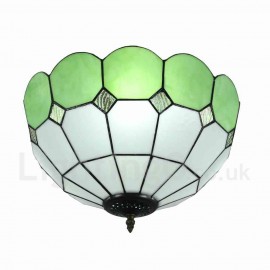 Diameter 40cm (16 inch) Handmade Rustic Retro Stained Glass Flush Mounts Mesh Pattern Green Edge Shade Bedroom Living Room Dining Room