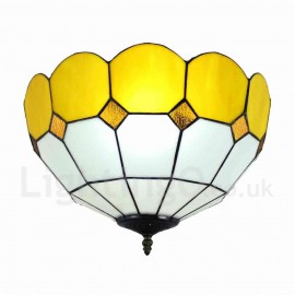 Diameter 40cm (16 inch) Handmade Rustic Retro Stained Glass Flush Mounts Mesh Pattern Yellow Edge Shade Bedroom Living Room Dining Room