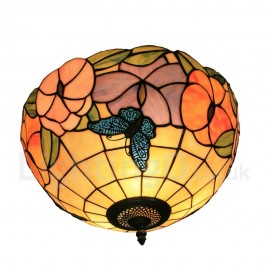 Diameter 30cm (12 inch) Handmade Rustic Retro Stained Glass Flush Mounts Butterfly Gathering Flower Pattern Shade Bedroom Living Room Dining Room