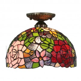 Diameter 30cm (12 inch) Handmade Rustic Retro Stained Glass Flush Mounts Colorful Flower Pattern Shade Bedroom Living Room Dining Room