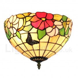 Diameter 30cm (12 inch) Handmade Rustic Retro Stained Glass Flush Mounts Colorful Flower Pattern Shade Bedroom Living Room Dining Room