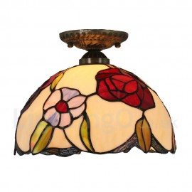 Diameter 30cm (12 inch) Handmade Rustic Retro Stained Glass Flush Mounts Colorful Flower Pattern Shade Bedroom Living Room Dining Room