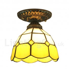 Diameter 30cm (12 inch) Handmade Rustic Retro Stained Glass Flush Mounts Grid Yellow Edge Shade Bedroom Living Room Dining Room