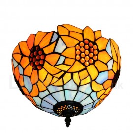 Diameter 30cm (12 inch) Handmade Rustic Retro Stained Glass Flush Mounts Sunflower Pattern Shade Bedroom Living Room Dining Room