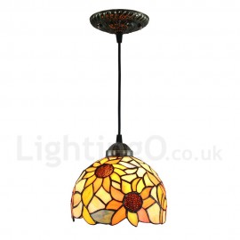 Diameter 20cm (8 inch) Handmade Rustic Retro Stained Glass Pendant Light Sunflower Pattern Glass Shade Bedroom Living Room Light