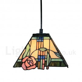 Diameter 20cm (8 inch) Handmade Rustic Retro Stained Glass Pendant Light Pink Rose Pattern Glass Shade Bedroom Living Room Light