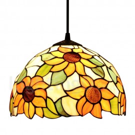 Diameter 30cm (12 inch) Handmade Rustic Retro Stained Glass Pendant Light Colorful Flower Pattern Glass Shade Bedroom Living Room Dining Room