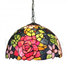 Diameter 30cm (12 inch) Handmade Rustic Retro Stained Glass Pendant Light Colorful Flower Pattern Glass Shade Bedroom Living Room Dining Room