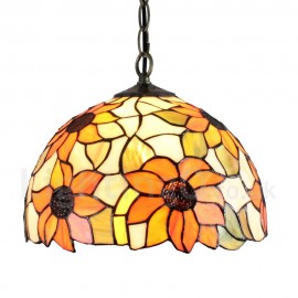 Diameter 30cm (12 inch) Handmade Rustic Retro Stained Glass Pendant Light Colorful Flower Pattern Glass Shade Bedroom Living Room Dining Room