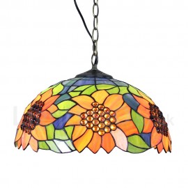 Diameter 30cm (12 inch) Handmade Rustic Retro Stained Glass Pendant Light Sunflower Pattern Glass Shade Bedroom Living Room Dining Room