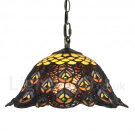 Diameter 30cm (12 inch) Handmade Rustic Retro Stained Glass Pendant Light Colorful Pattern Glass Shade Bedroom Living Room Dining Room