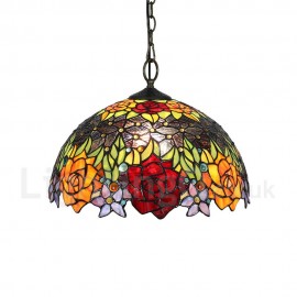 Diameter 40cm (16 inch) Handmade Rustic Retro Stained Glass Pendant Lights Multicolor Flowers Pattern Glass Shade Bedroom Living Room Dining Room