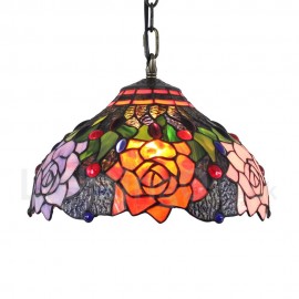 Diameter 30cm (12 inch) Handmade Rustic Retro Stained Glass Pendant Light Colorful Flower Pattern Glass Shade Bedroom Living Room Dining Room