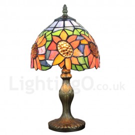 Handmade Rustic Retro Stained Glass Table Lamp Resin Base Sunflower Pattern Bedroom Living Room Dining Room Diameter 20cm (8 inch) Lampshade