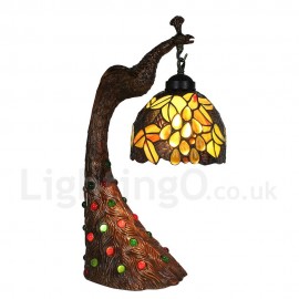 Handmade Rustic Retro Stained Glass Table Lamp Peacock Resin Base Grape Pattern Bedroom Living Room Dining Room Diameter 20cm (8 inch) Lampshade