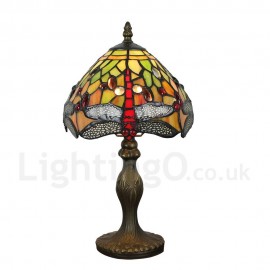 Handmade Rustic Retro Stained Glass Table Lamp Resin Base Red Dragonfly Pattern Bedroom Living Room Dining Room Diameter 20cm (8 inch) Lampshade