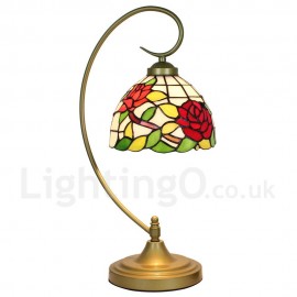 Handmade Rustic Retro Stained Glass Table Lamp Metal Bending Pipe Round Base Red Rose Pattern Bedroom Living Room Dining Room Diameter 20cm (8 inch) Lampshade