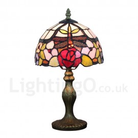 Handmade Rustic Retro Stained Glass Table Lamp Resin Base Colorful Flower and Dragonfly Pattern Bedroom Living Room Dining Room Diameter 20cm (8 inch) Lampshade