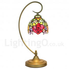 Handmade Rustic Retro Stained Glass Table Lamp Metal Bending Pipe Round Base Colorful Flower Pattern Bedroom Living Room Dining Room Diameter 20cm (8 inch) Lampshade