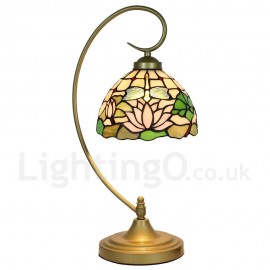 Handmade Rustic Retro Stained Glass Table Lamp Metal Bending Pipe Round Base Dragonfly Lotus Pattern Bedroom Living Room Dining Room Diameter 20cm (8 inch) Lampshade