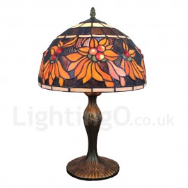 Diameter 30cm (12 inch) Handmade Rustic Retro Stained Glass Table Lamp Colorful Flower Pattern Shade Bedroom Living Room Dining Room