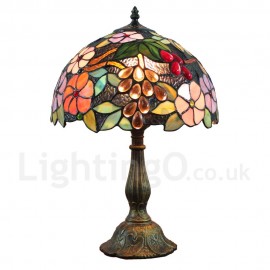 Diameter 30cm (12 inch) Handmade Rustic Retro Stained Glass Table Lamp Colorful Flower Fruit Pattern Shade Bedroom Living Room Dining Room