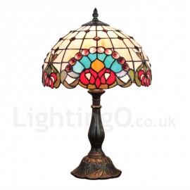 Diameter 30cm (12 inch) Handmade Rustic Retro Stained Glass Table Lamp Colorful Pattern Shade Bedroom Living Room Dining Room