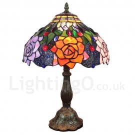 Diameter 30cm (12 inch) Handmade Rustic Retro Stained Glass Table Lamp Colorful Flower Pattern Shade Bedroom Living Room Dining Room