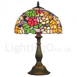 Diameter 30cm (12 inch) Handmade Rustic Retro Stained Glass Table Lamp Colorful Flower Pattern Shade Bedroom Living Room Dining Room