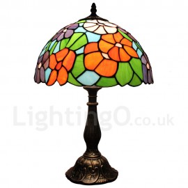 Diameter 30cm (12 inch) Handmade Rustic Retro Stained Glass Table Lamp Colorful Flower Pattern Shade Bedroom Living Room Dining Room