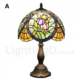 Diameter 30cm (12 inch) Handmade Rustic Retro Stained Glass Table Lamp Colorful Flower Pattern Shade Bedroom Living Room Dining Room