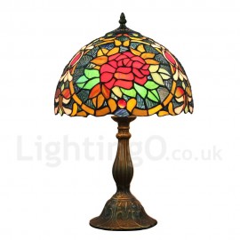 Diameter 30cm (12 inch) Handmade Rustic Retro Stained Glass Table Lamp Red Flower Pattern Shade Bedroom Living Room Dining Room