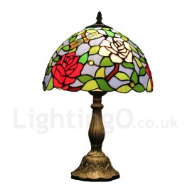 Diameter 30cm (12 inch) Handmade Rustic Retro Stained Glass Table Lamp Colorful Flower Pattern Shade Bedroom Living Room Dining Room