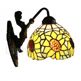 Diameter 20cm (8 inch) Handmade Rustic Retro Stained Glass Wall Light Sunflower Pattern Shade Mermaid Carrying Lantern Bedroom Living Room Dining Room