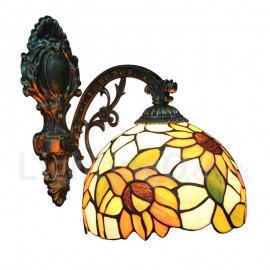 Diameter 20cm (8 inch) Handmade Rustic Retro Stained Glass Wall Light Sunflower Pattern Shade Bedroom Living Room Dining Room