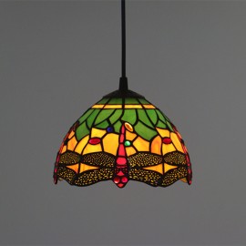 Green Dragonfly 20cm (8 inch) Handmade Rustic Retro Tiffany Pendant Light Colorful Pattern Glass Shade Bedroom Living Room Light